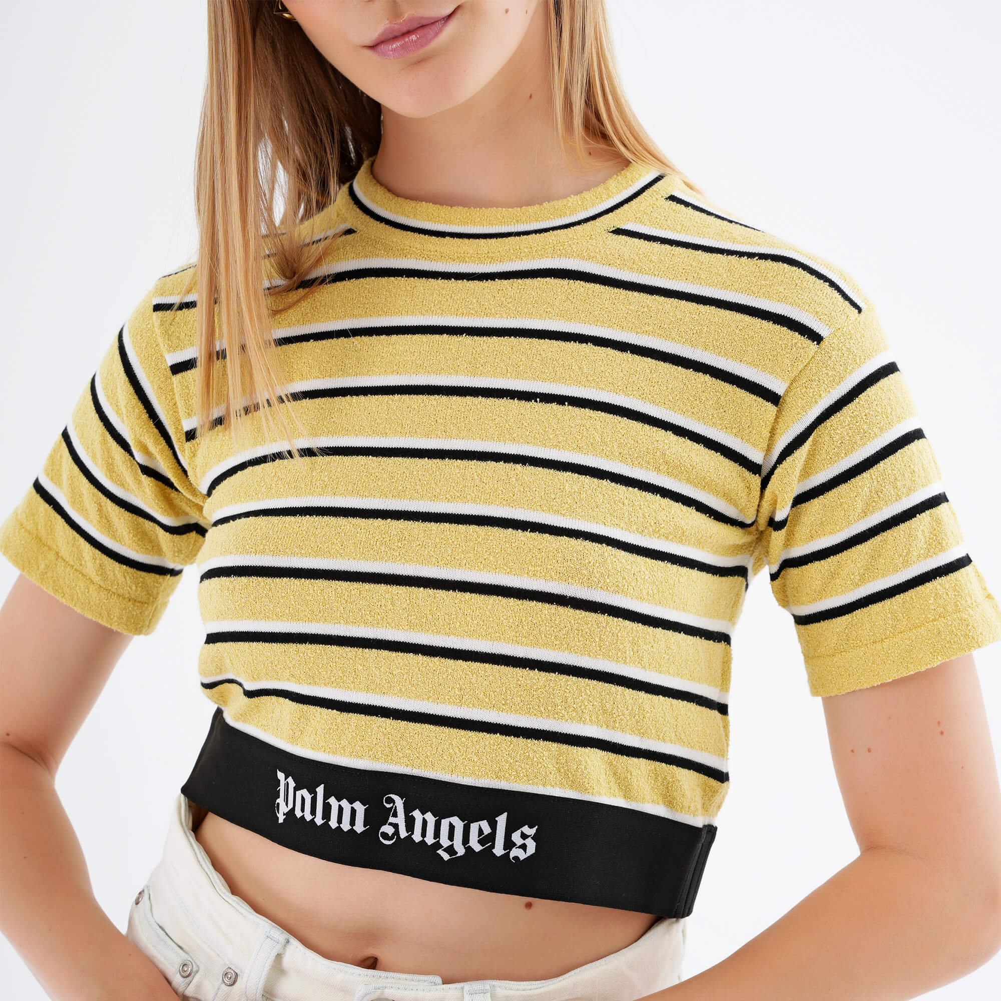 Palm Angels - Yellow & Black Stripe Knit Logo Tshirt M